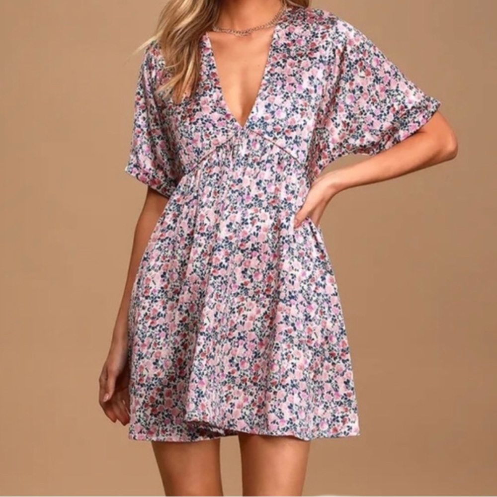 Lulus Express Yourself Blush Pink Floral Print Satin Babydoll Dress